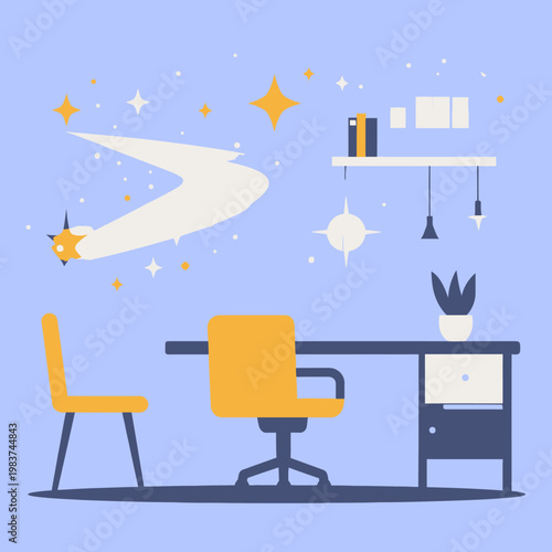 Un'illustrazione vettoriale moderna di un ufficio a casa con scrivania, sedia, computer portatile e decorazioni a tema spaziale con stelle e una cometa.