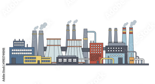 Industrial factory complex with smoking chimneys and cooling towers.