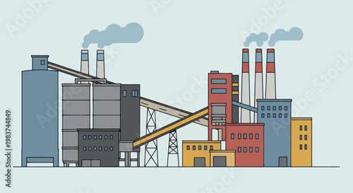 Industrial factory complex with smoking chimneys and conveyor belts.