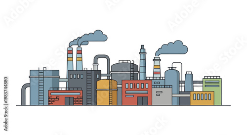 Industrial factory complex with smoking chimneys and various buildings.