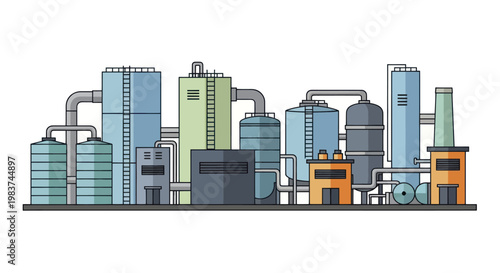 Industrial Factory Complex with Storage Tanks and Chimneys.