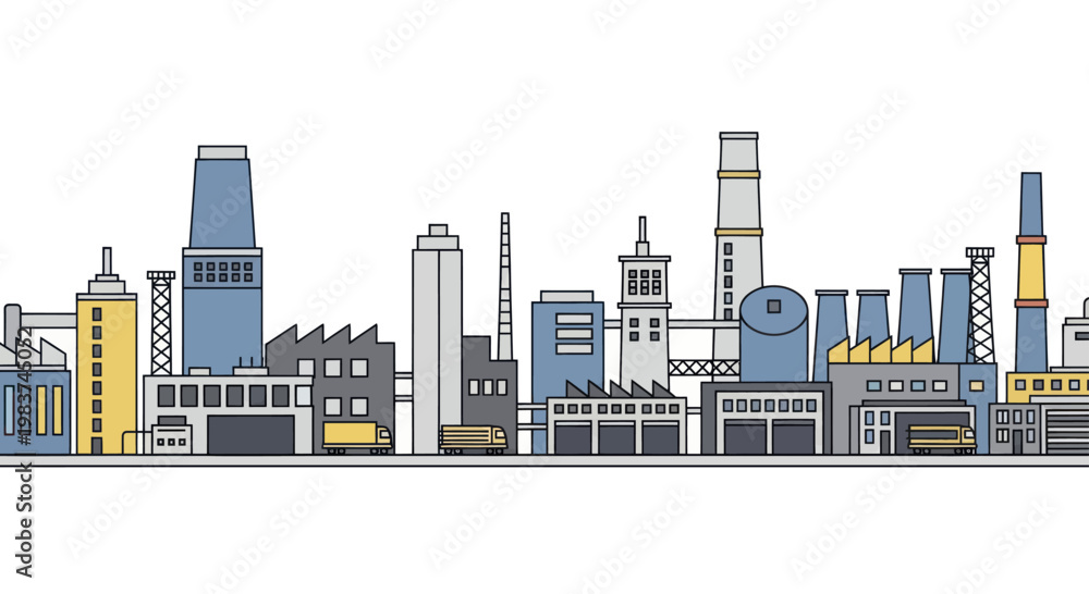 Obraz premium Industrial Factory Skyline with Various Buildings and Structures.