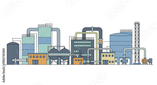 Industrial factory complex with various buildings and storage tanks.