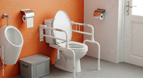 Accessible bathroom with grab bars and raised toilet seat in orange room for elderly or disabled people provides safety