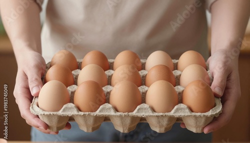Person holding a paper carton filled with brown chicken eggs, close-up of hands and torso against a neutral background