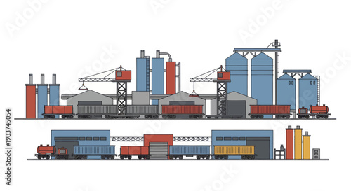 Industrial Logistics and Cargo Transportation Hub with Trains and Silos.
