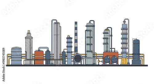 Industrial Oil Refinery Plant with Tall Towers and Pipelines.