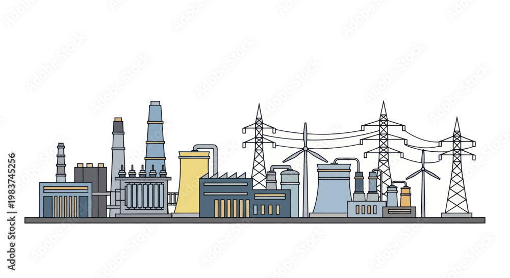 Obraz premium Industrial power plant complex with wind turbines and transmission towers.