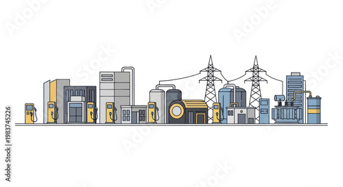 Industrial Power Plant and City Skyline Illustration.