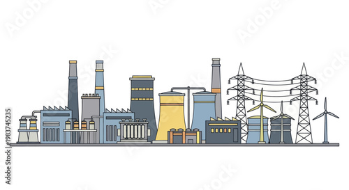 Industrial power plant complex with cooling towers and wind turbines.
