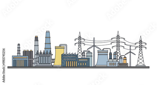 Industrial power plant complex with wind turbines and transmission towers.