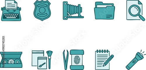 Set of flat teal icons depicting tools for detective work and crime scene investigation including a badge, camera, and fingerprint kit.