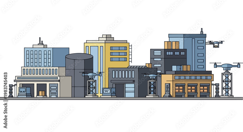 Fototapeta premium Modern Cityscape with Drone Delivery and Industrial Buildings.