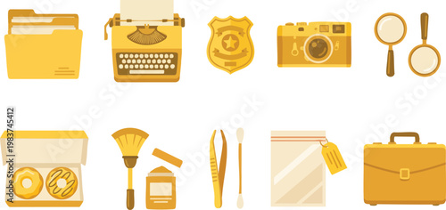 A comprehensive set of flat vector icons depicts detective and forensic investigation tools used for crime scene analysis on a white background.