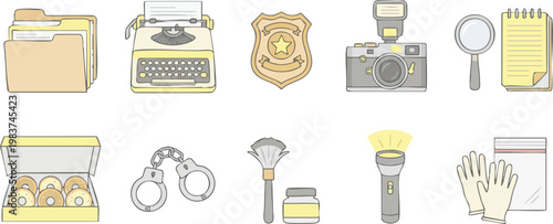 Flat line vector illustration of detective and police investigation equipment icons such as a badge, camera, handcuffs, and donuts on white.