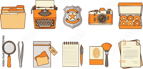 A collection of stylized detective icons including a police badge, evidence bag, donuts, and a typewriter for crime scene investigation.