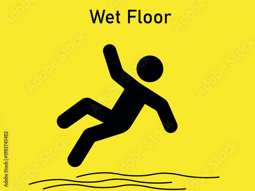 Slip hazard for wet floor and slippery floor at Work. Wet floor slip hazard black for slippery icon water drop of Risk caution. Human figure falling down icon in wet slippery floor fall down sign card
