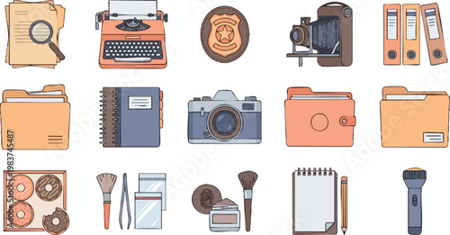 A comprehensive collection of flat line icons depicting detective equipment, forensic tools, and police investigation supplies on white.