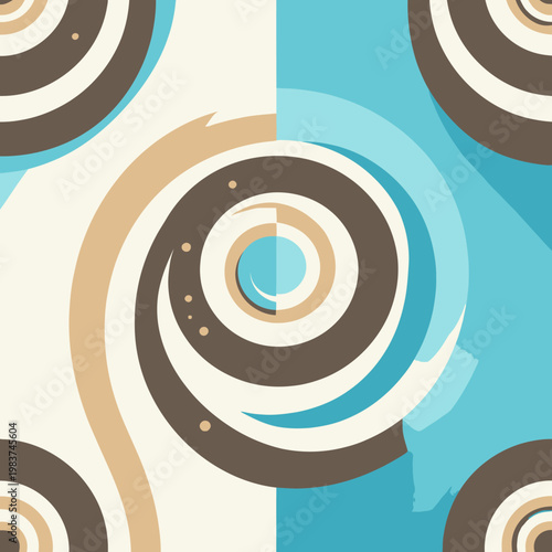 Motivo astratto con spirali concentriche in colori pastello e marroni su sfondo diviso