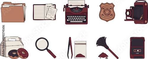 A set of vintage detective and police investigation icons featuring a typewriter, magnifying glass, and forensic tools on a white background.