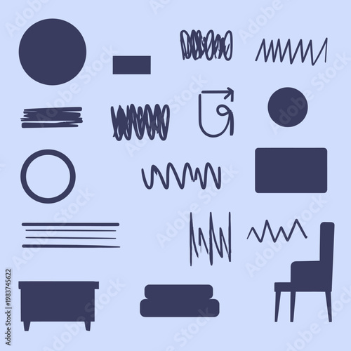 Disegno stilizzato di forme geometriche e doodle su sfondo blu chiaro, arte vettoriale