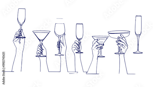 Diverse mani con bicchieri da cocktail e champagne celebrano un brindisi festivo, stile line art