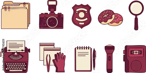 Collection of flat detective and crime scene investigation icons including a camera, badge, typewriter, and evidence kit on a white background.