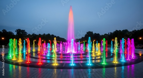 Image 2
Title:
Colorful Illuminated Musical Fountain at Night with Rainbow Water Jets — Urban Public Park Lighted Fountain Show