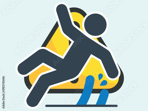Slip hazard for wet floor and slippery floor at Work, wet floor slip hazard work with Yellow Caution Sign and Alert of Risk. Human figure falling down icon in wet slippery floor fall down sign liquid