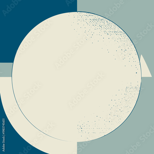 Composizione astratta geometrica con cerchio centrale beige e sfondo suddiviso in blocchi di colore blu e verde acqua, con texture vintage.