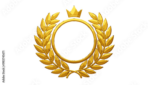 Corona d'alloro dorata con una corona regale e uno spazio circolare vuoto, simbolo di vittoria, premio e eccellenza.