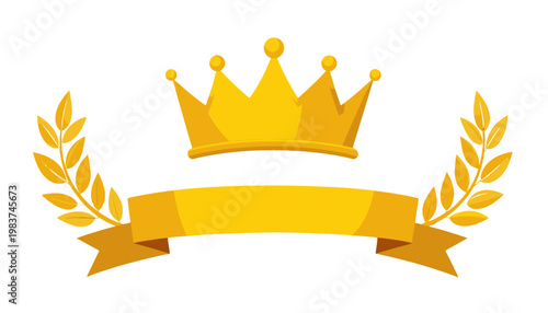 Illustrazione vettoriale di una corona d'oro con alloro e nastro, simbolo di vittoria, successo e regalità su sfondo bianco.