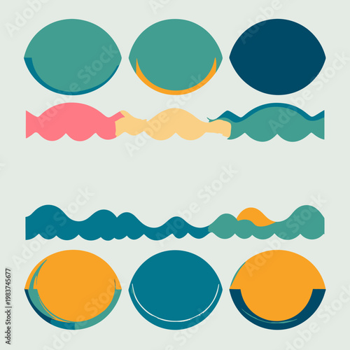 Illustrazione vettoriale astratta con cerchi e motivi ondulati in una palette di colori moderni per design grafico e sfondi digitali.