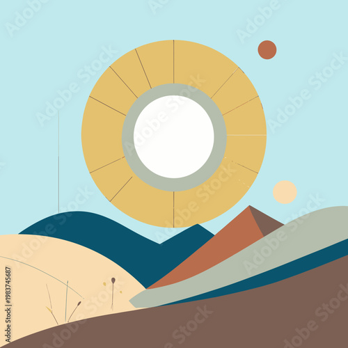 Illustrazione astratta di un paesaggio desertico stilizzato con un grande anello dorato nel cielo, evocando tranquillità e mistero.