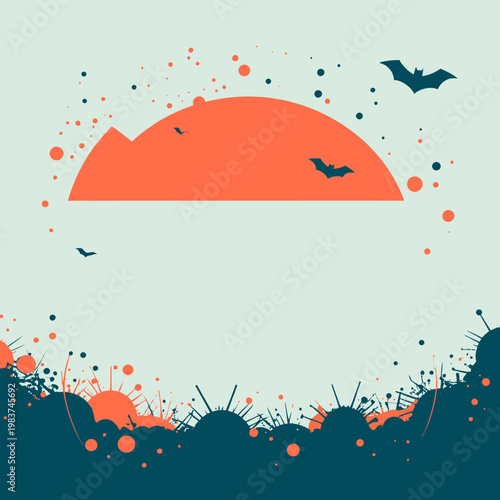 Illustrazione grafica di un tramonto arancione con pipistrelli in volo e silhouette di montagne, su un paesaggio astratto e misterioso.