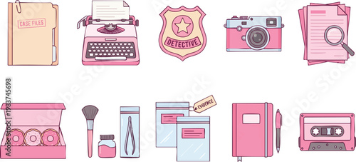 Pink flat line icon set of detective equipment including a typewriter, badge, camera, case files, donuts, and evidence bags.