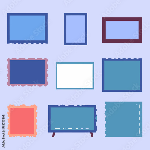 Diverse cornici e bordi decorativi piatti, illustrazioni vettoriali su sfondo blu pastello.