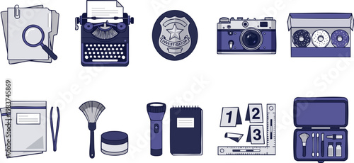A flat vector collection of crime scene investigation icons including a badge, camera, and evidence tools for forensic detective work.