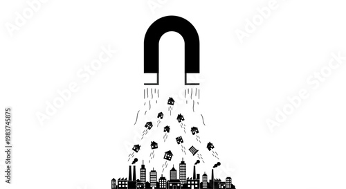 Black and white illustration of a magnet attracting buildings and trees.