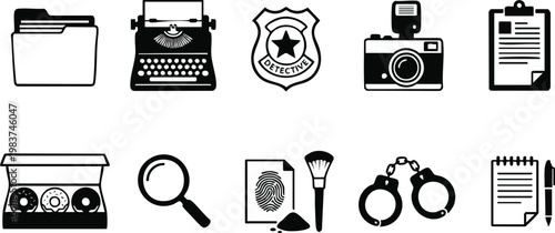 A collection of black and white detective and law enforcement icons featuring a badge, handcuffs, and fingerprinting tools for crime investigation.