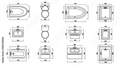 bathroom fixtures sanitaryware and plumbing architectural drawings with dimensions for modern interior design concepts.