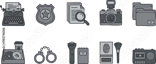 Comprehensive set of detective and law enforcement flat icons including handcuffs, police badge, fingerprint analysis, and investigation tools.