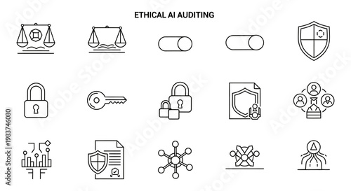 ethical ai auditing line icons representing ai governance data security and transparency for regulatory compliance.