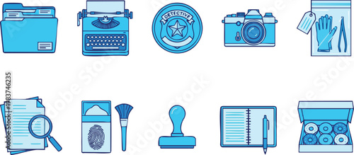 Set of blue line icons featuring detective tools like a typewriter, evidence bag, magnifying glass, and badge for crime investigation.