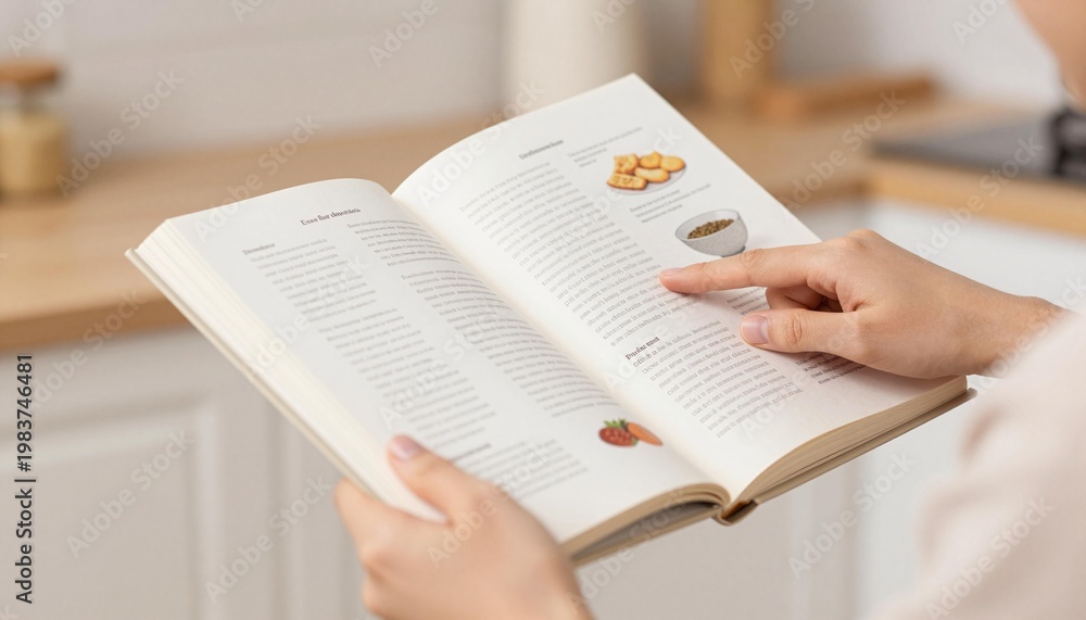 Naklejka premium Open recipe book held by hands, finger pointing to a recipe page with small food photos and ingredient listings