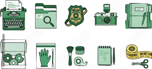 A collection of green detective and police investigation icons including a typewriter, badge, camera, and evidence bag on a white background.