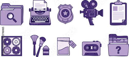 Flat vector icon set of purple monochrome crime investigation and forensic journalism elements isolated on a white background.