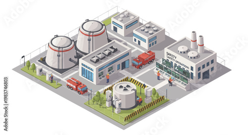 Isometric Industrial Complex with Factories and Storage Tanks.