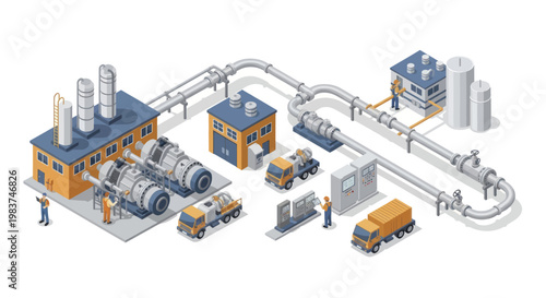 Isometric Industrial Complex with Factories, Pipelines, and Vehicles.
