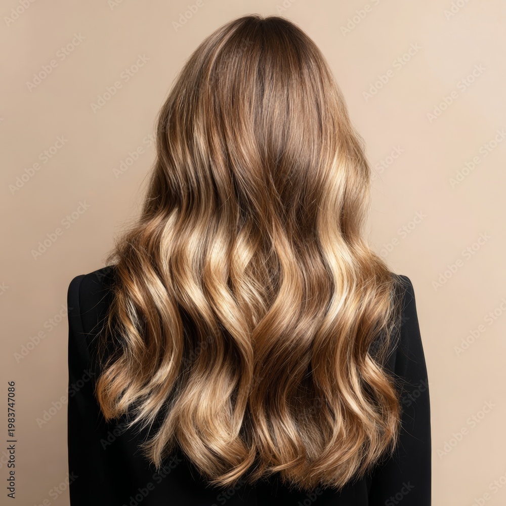 Naklejka premium Woman showing beautiful long wavy balayage hair with blonde highlights, rich texture, and healthy shine, a symbol of professional hair care and elegant style
